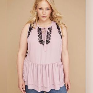 Lane Bryant Lace-Trim Peplum Tank Top with Tie Neck, Size 26